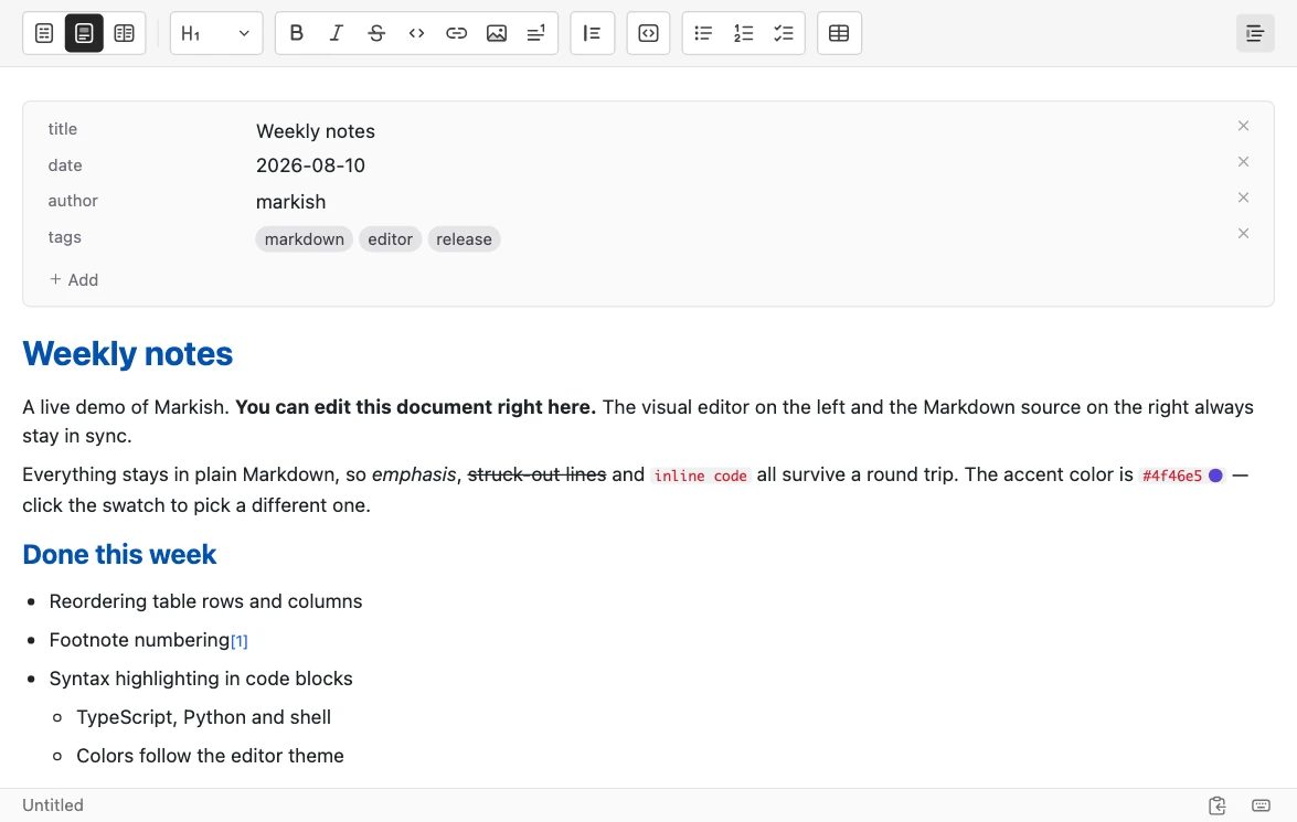 The YAML front matter at the top of a document shown as a table of keys and values