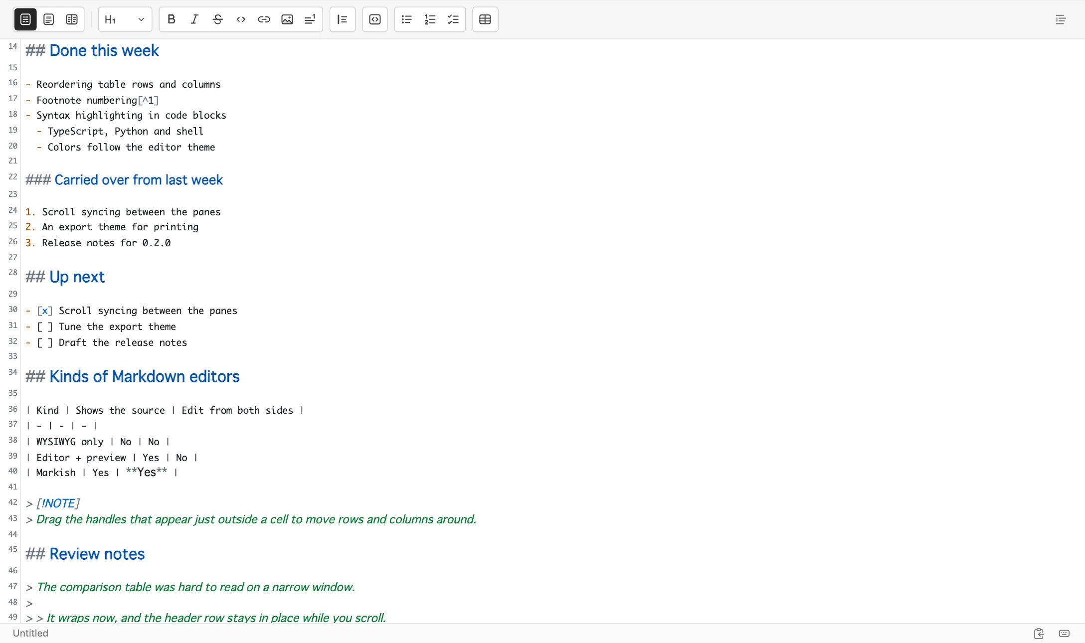 The text editor on its own, showing Markdown with line numbers
