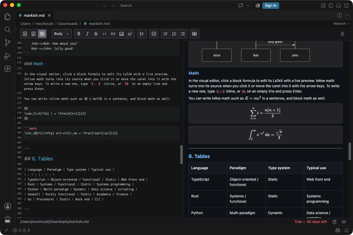The same screen in a dark VS Code theme, with the Markish colors darkened to match